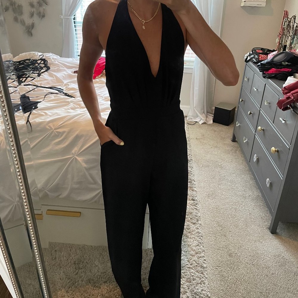 Stretchy, low back halter-neck jumpsuit